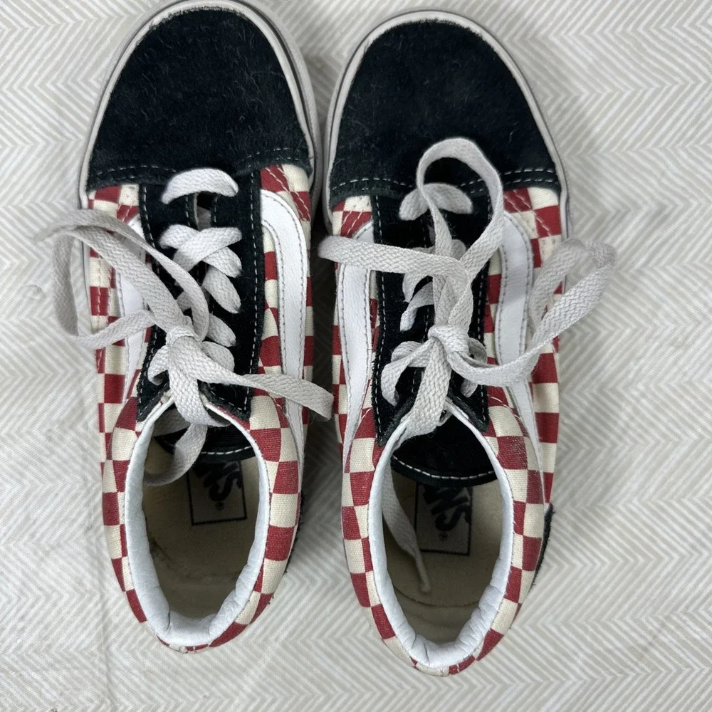 VANS Old‎ Skool Checkerboard Sneakers Kids 1 Skate Shoes Red/White/Black